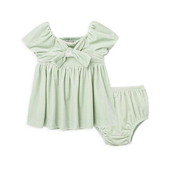 Habitual Baby Girl's Mint Green Velvet Puff Sleeve 2-Pc Bow Dress Set Size 18M - Picture 1 of 4